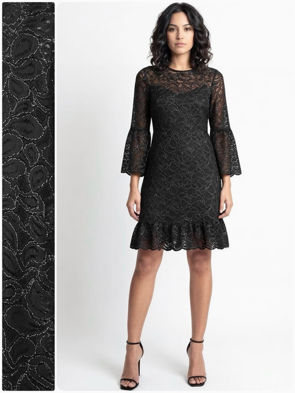 MICHAEL KORS Lace Dress 3/4 Bell Sleeves Knee Length Black/Silver Metallic Lined